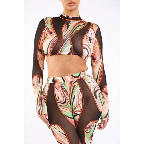 Women's Hollowed Out Fabric Contrast Set Mock Neck Long Sleeve Sexy Cute Outfit - Picture 2 of 10